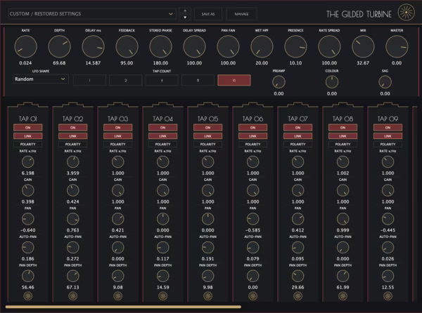 The Gilded Turbine — 16-tap stereo flanger controls